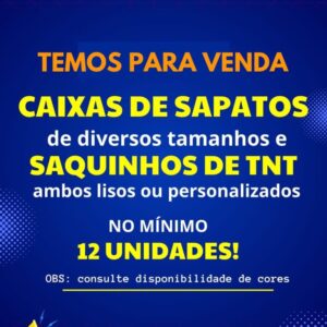 Você que tem sua Lojinha Online, ou Vende nas Plataformas, ou é Lojista ou Sacoleira e precisa de Caixa de Sapato seja para qual motivo for e não sabe aonde comprar, nós temos para você. Temos Caixas Lisas nas Cores Preta, Branca e Parda. Agora se quiser Personalizadas com a sua Logomarca, nós fazemos também, assim como saquinhos de TNT como embalagem para seus calçados. Temos em diversas cores, com ou sem visor. Aqui resolvemos o problema para você. Venha saber mais. Entre em contato com a gente....